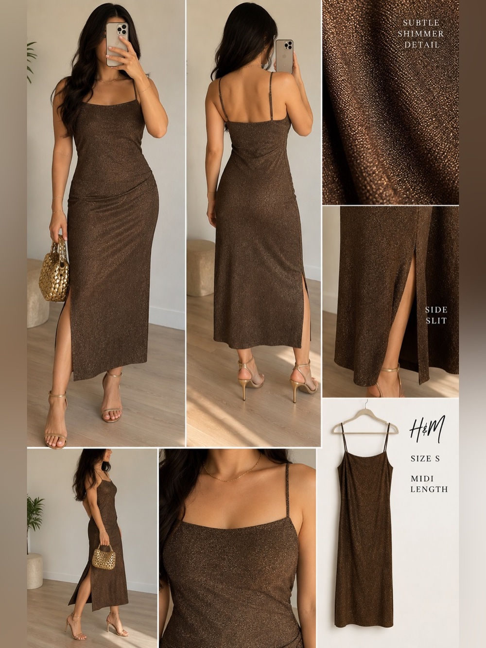 H&M Chocolate Brown Metallic Shimmer Midi Slip Dress Side Slit Size S